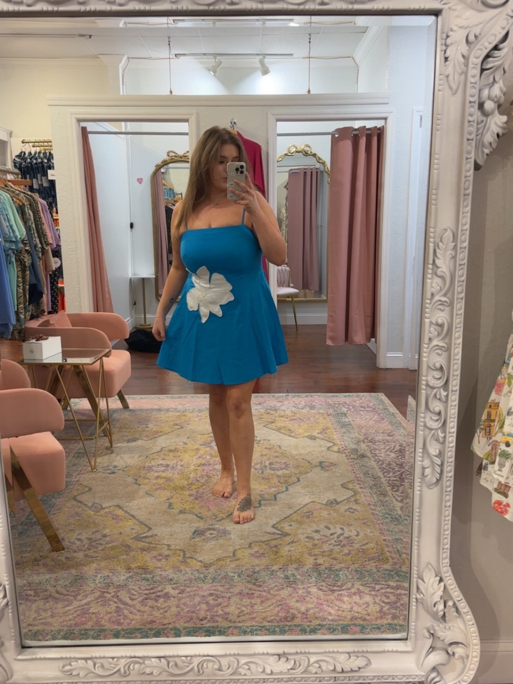 Blue Thin Strap Floral Appliqué Mini Dress